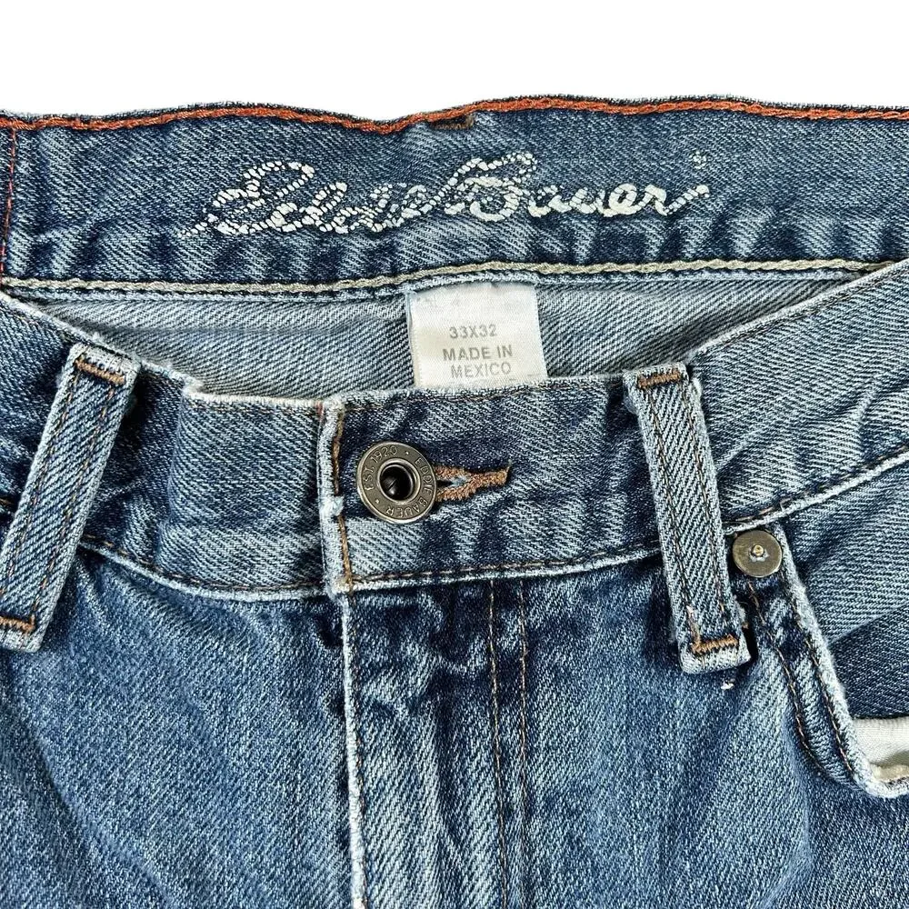 Eddie Bauer Men Jeans Size 33x32 Straight Blue Distressed Hems Classic Denim